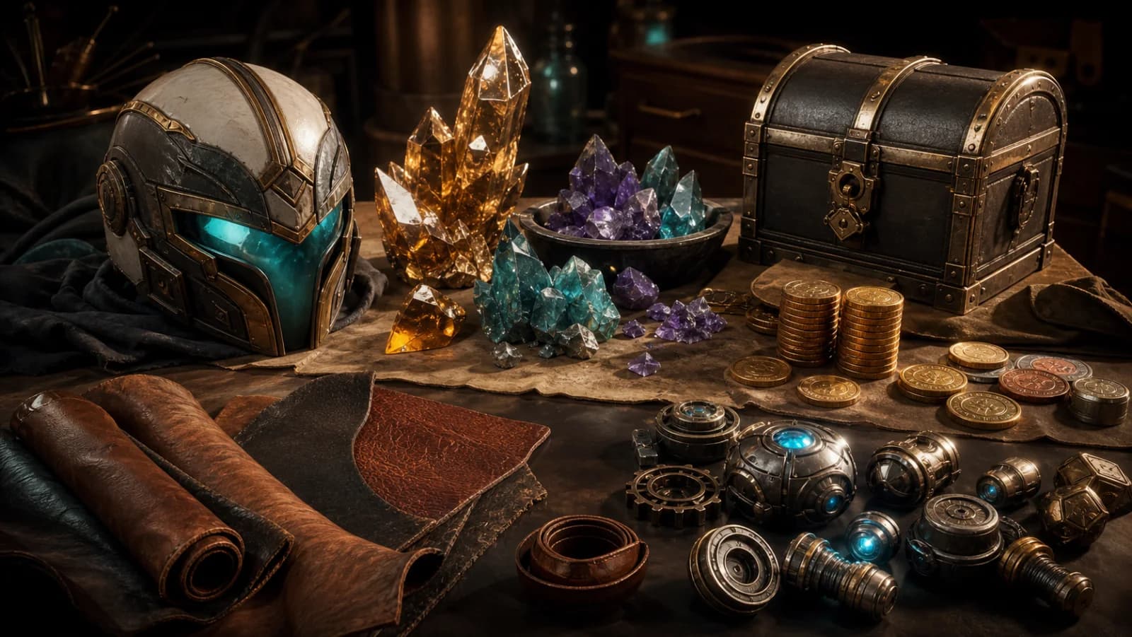 A gaming inventory of a helmet, crystals, leather, coins, and upgrade parts