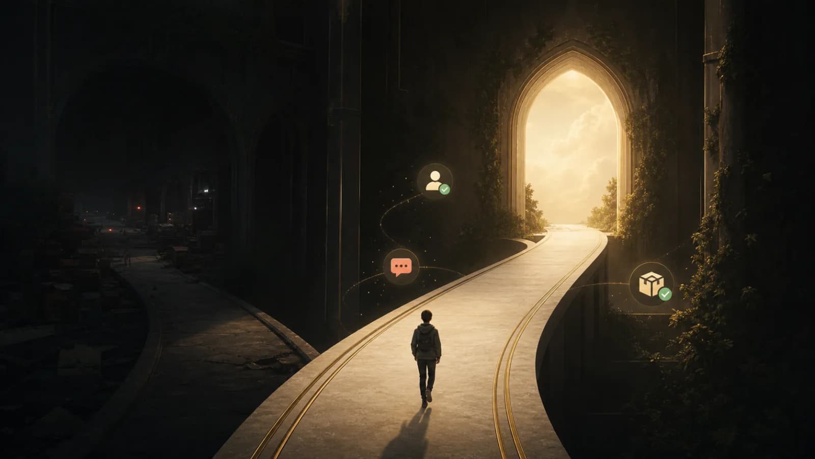 A player walking along a clear illuminated path toward an open doorway